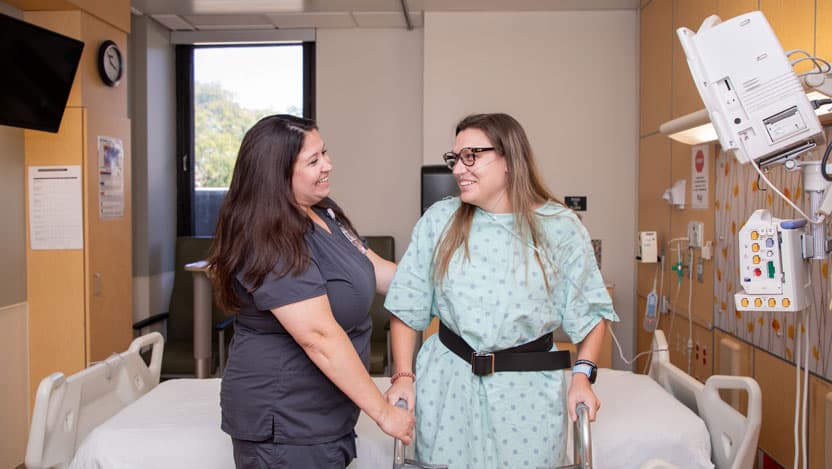 Female patient in a hospital room in an acute care facility
