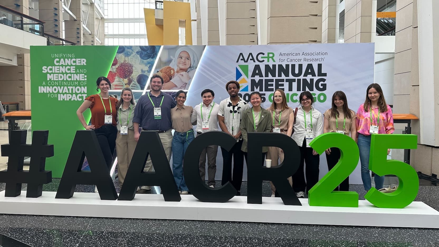 Students from the UChicago Committee on Cancer Biology PhD program spent time at the American Association for Cancer Research Annual Meeting. From left: Sara Woessner, Kate Engel, Ben Nicholson, Mayher Kaur, Cole Barrett, Jermaine Austin, Jocelyn Hsu, Paulina Walczak, Isabel Alcazar, Marta Storl-Desmond, and Kasia Kurylowicz.