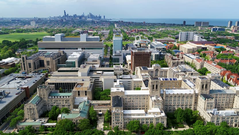 Aerial drone image of UChicago Medicine's Hyde Park campus