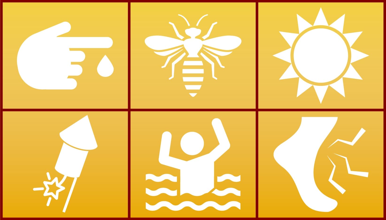 Illustration of icons representing summer injuries