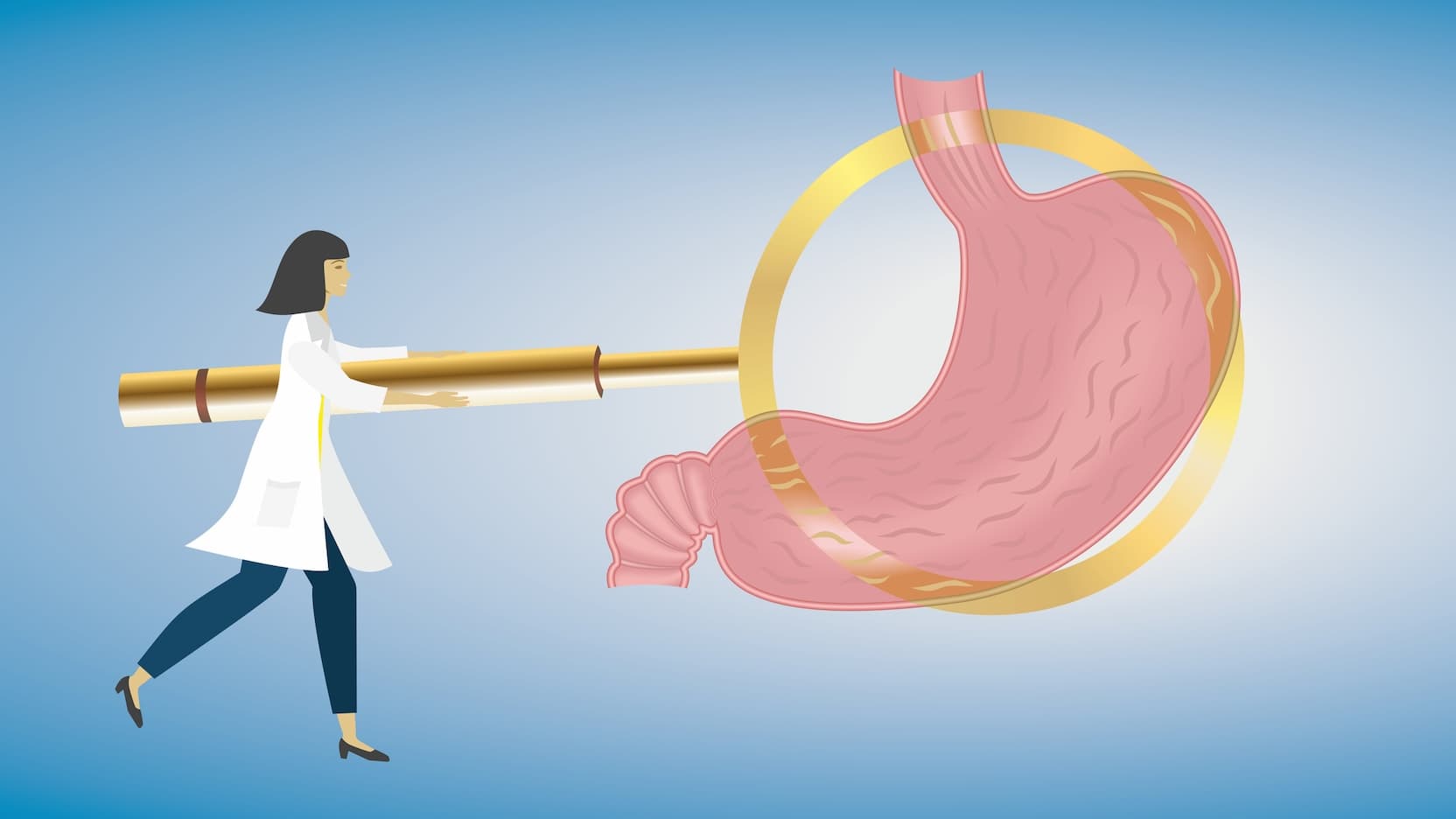 illustration of physician with magnifying glass over stomach